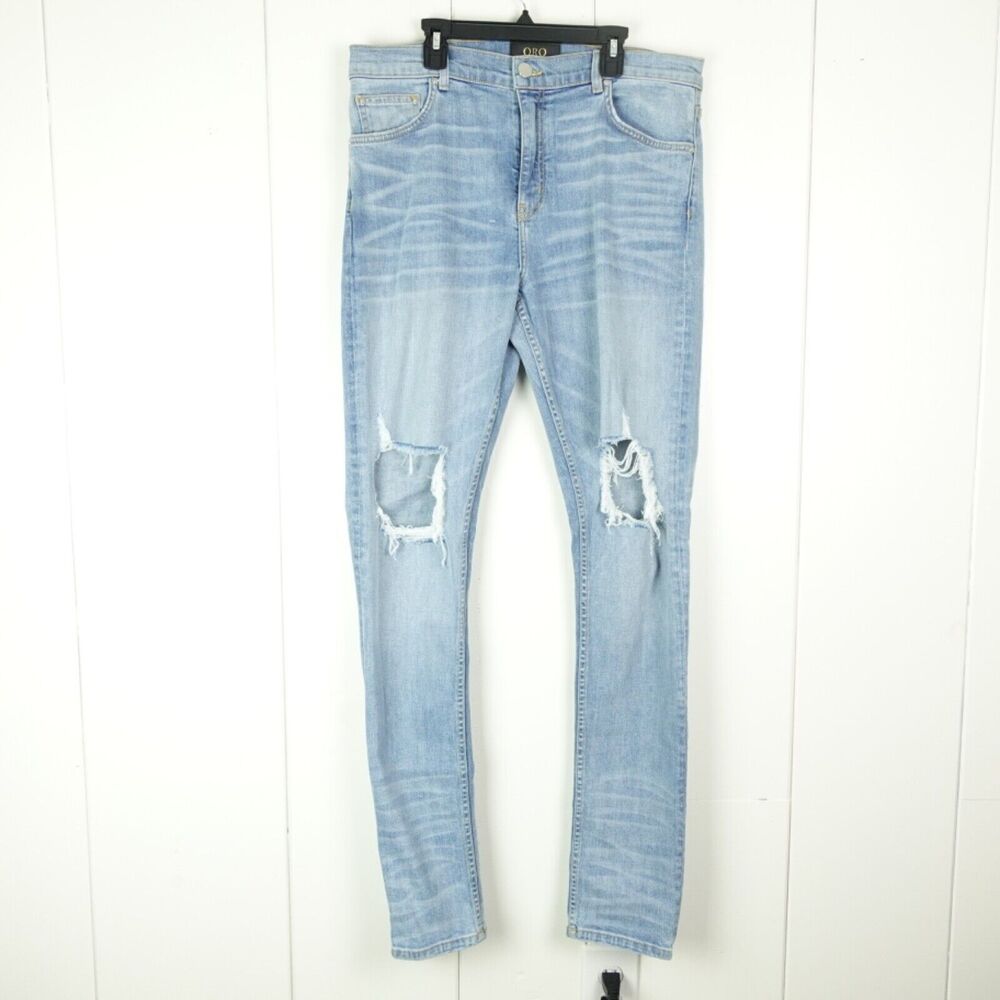 Oro Los Angeles Jeans Womens Size 34 High Rise Skinny Distressed Light Wash